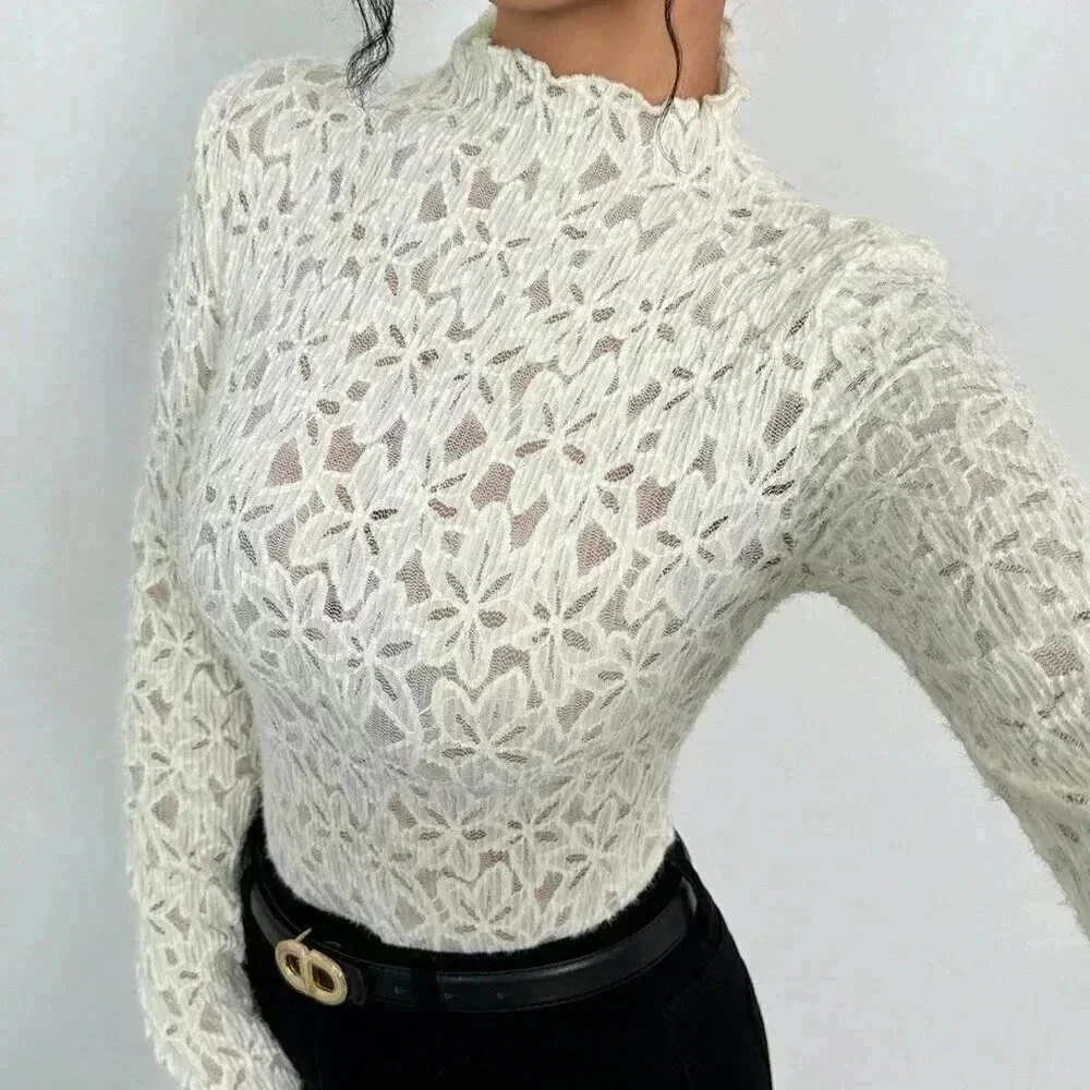 White Casual Women's Floral Patterned Stand Collar Long Sleeve Fitted Blouse - Picture 5 of 6